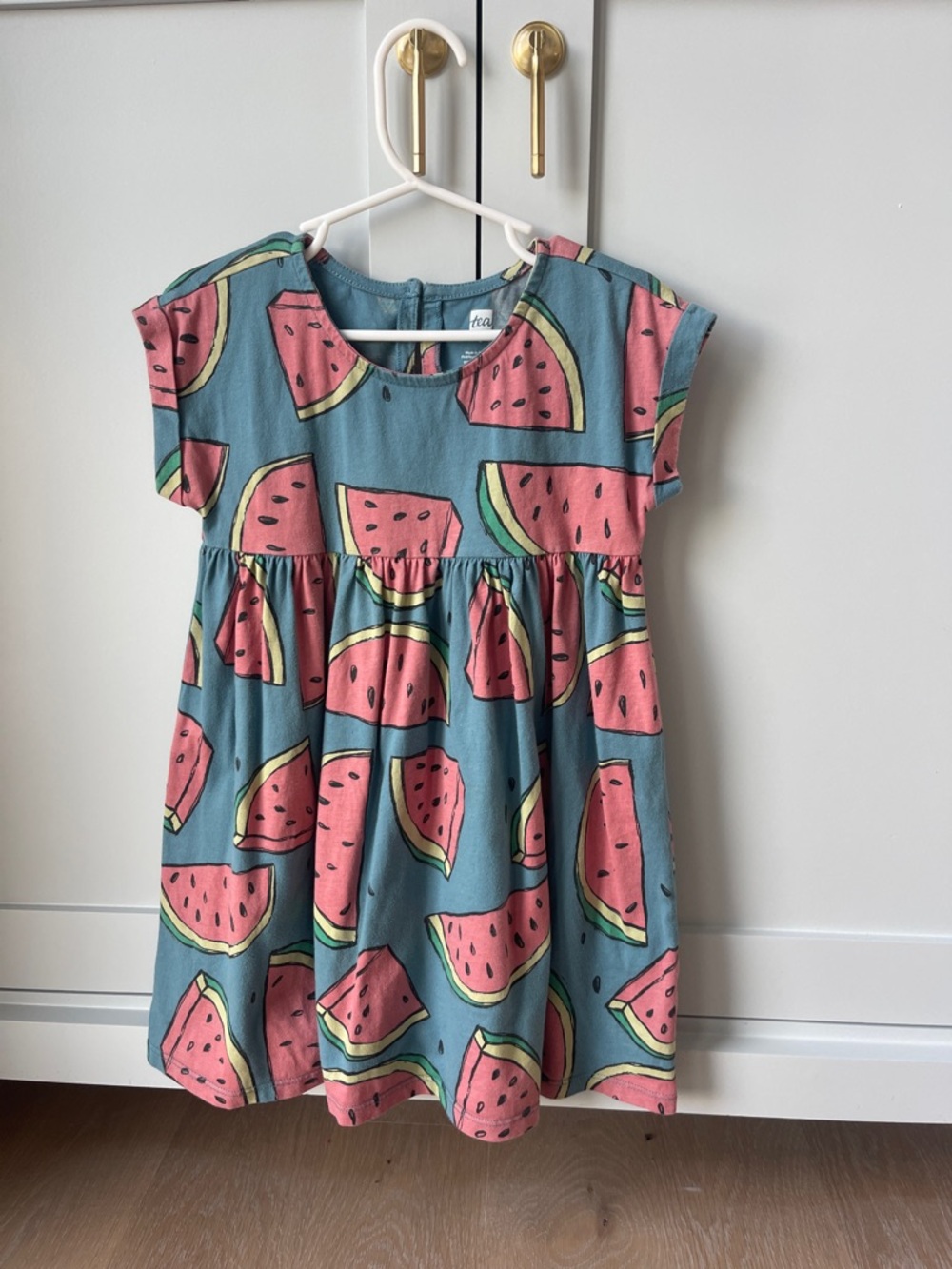 Tea Collection Teal Watermelon Print Dress with Pink and Green